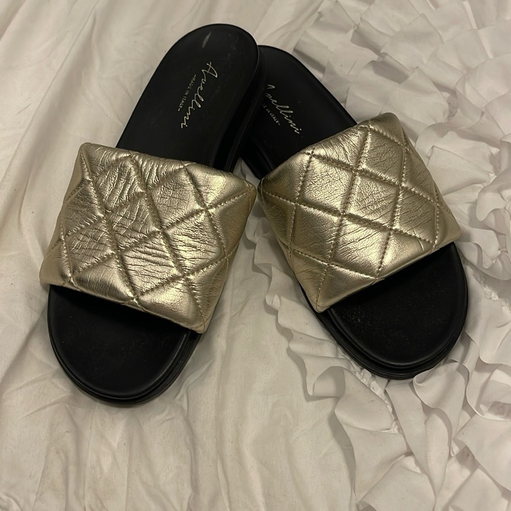 Avellini black rubber slides with gold quilted upper